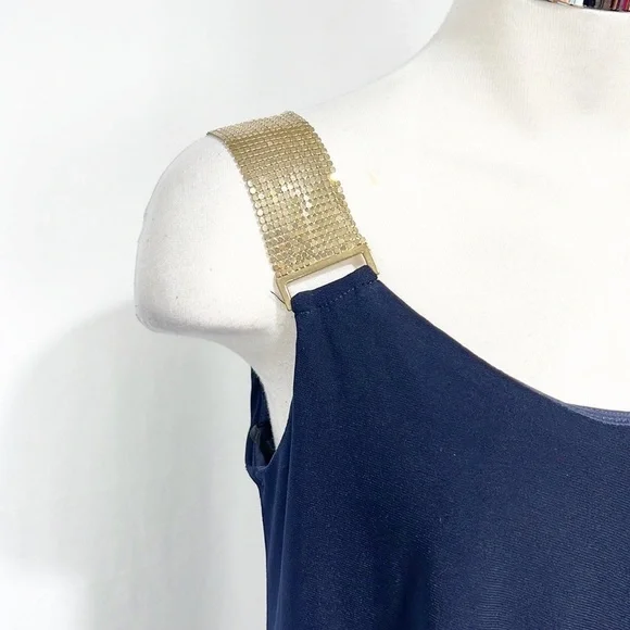 Betsy & Adam Navy Blue Gold Metal Mesh Ruffle One Shoulder Sheath Dress 4 NWT - Picture 6 of 13